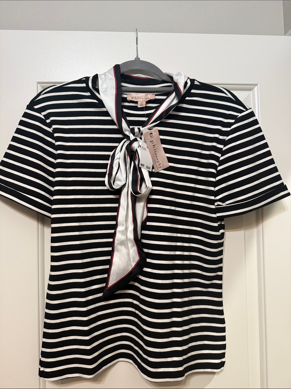 Philosophy Black and White Striped Short-Sleeve Top with Tie Neck Scarf